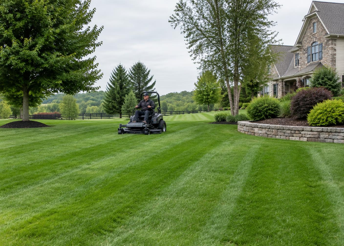 Freshly mowed property with clean lawn stripes