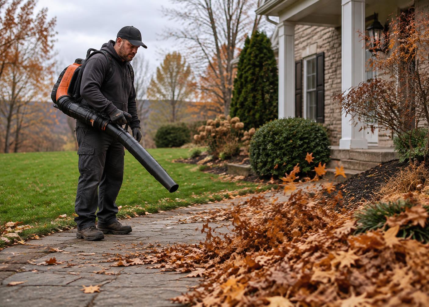 Owner-operator cleaning autumn leaves from a residential property
